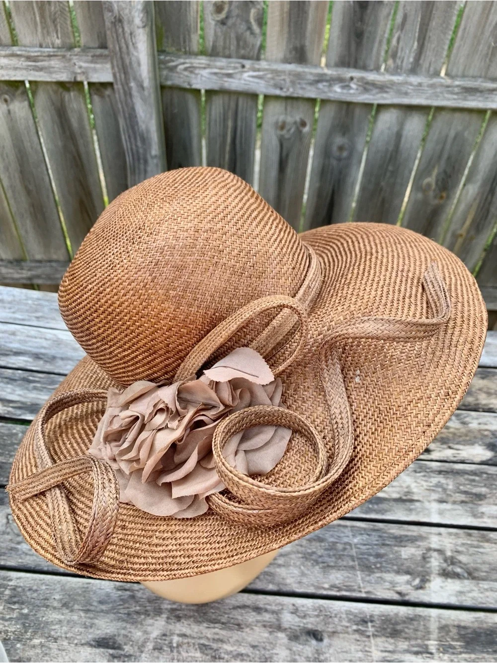 NWT Swan Hat New York Bronze Straw Church Derby Hat w/ Rosette Flower